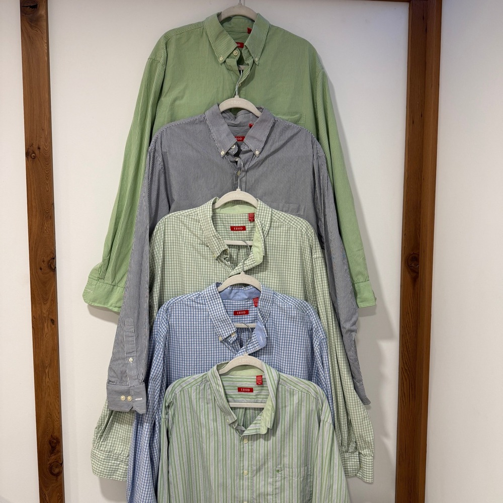 IZOD Mens Lot of 5 Button Down Shirts LT Tall Cotton Gingham Striped Green Blue